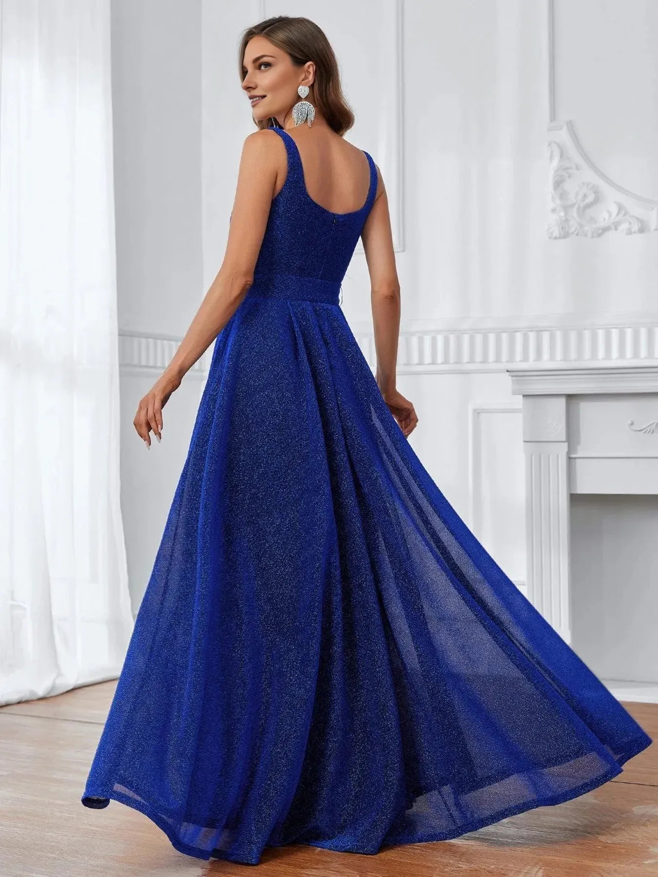 Modern A-Line Square Neck Sleeveless Zipper Up Floor-Length Prom Dress